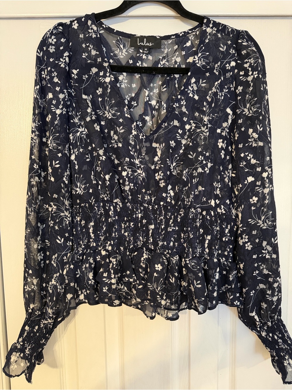 Lulu's Navy Floral V-Neck Peplum Blouse